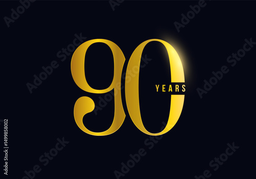90 Years Anniversary Logo Celebration Design on Dark Background for corporate branding, business event, invitation, milestone promo. 90th numbers gold typography for luxury brand. Vector illustration