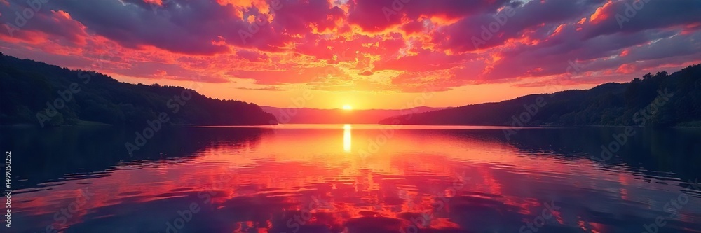 Obraz premium Vibrant sunset over a serene lake, reflecting the fiery colors of the sky Perfect for travel, nature, and landscape projects Ideal for calming and inspiring visuals , view, peaceful, spectacular