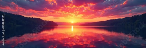 Vibrant sunset over a serene lake, reflecting the fiery colors of the sky Perfect for travel, nature, and landscape projects Ideal for calming and inspiring visuals , view, peaceful, spectacular