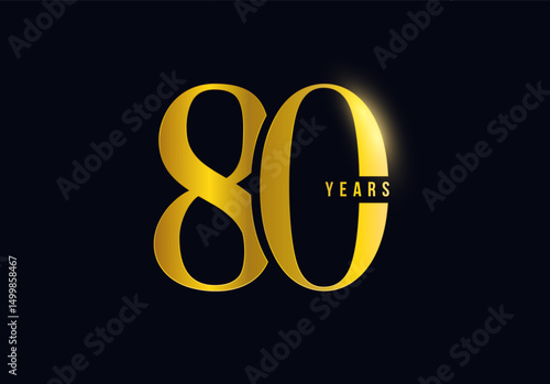 80 Years Anniversary Logo Celebration Design on Dark Background for corporate branding, business event, invitation, milestone promo. 80th numbers gold typography for luxury brand. Vector illustration