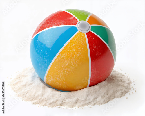 Colorful beach ball sitting on sand isolated on white background, ready for summer fun