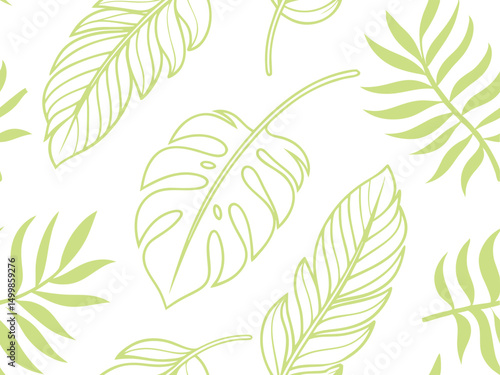 Tropical blue , purple leaves seamless pattern on white background, perfect for summer textiles, modern wallpapers, nature-inspired branding, botanical and stylish eco-friendly design projects.