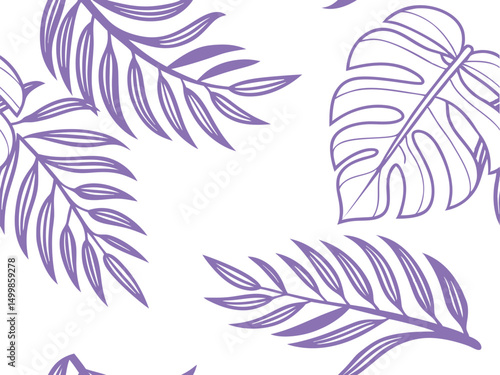 Tropical blue , purple leaves seamless pattern on white background, perfect for summer textiles, modern wallpapers, nature-inspired branding, botanical and stylish eco-friendly design projects.