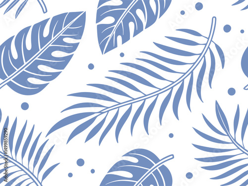 Tropical blue , purple leaves seamless pattern on white background, perfect for summer textiles, modern wallpapers, nature-inspired branding, botanical and stylish eco-friendly design projects.