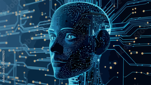 Abstract human head composed of interconnected dots, lines, and polygons, seamlessly merging into circuit wires. A low-poly blue silhouette representing a cyborg. Futuristic face concept on a moder .