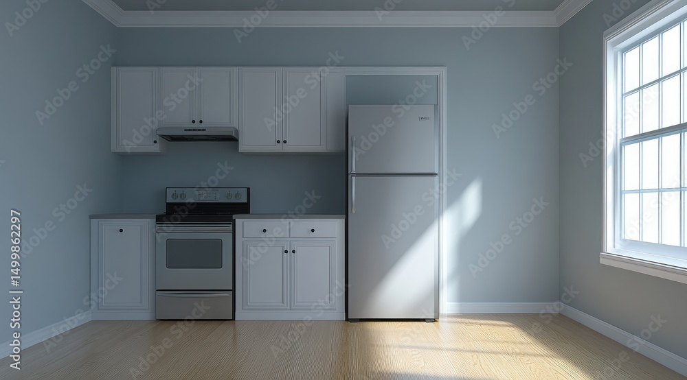 Small, bright kitchen with white cabinets and light blue walls Small, bright kitchen with white cabinets and light blue walls