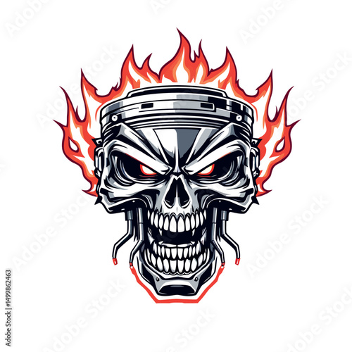 Vsai blazing skull with engine piston cranium showing fiery determination