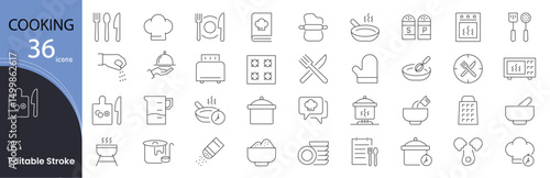 Cooking related icons set. Including chef, kitchen, food, utensils, recipes, ingredients, stove, and pan. Editable stroke. outline icons.