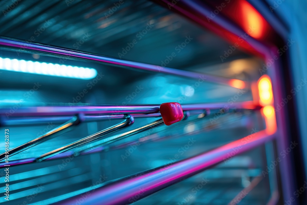 Close-up view of a modern oven interior with colorful lighting highlighting the metal racks and red control indicator Close-up view of a modern oven interior with colorful lighting highlighting the metal racks and red control indicator
