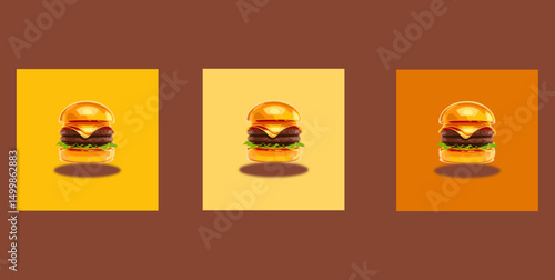 Three burgers are displayed on yellow and orange squares, creating a simple and visually appealing arrangement.