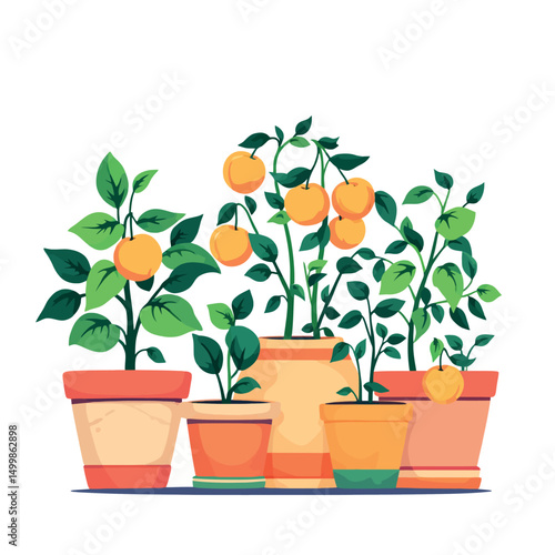 Vsai small orange trees growing in terracotta pots