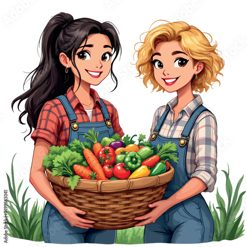 Vsai female farmers holding basket with fresh vegetables