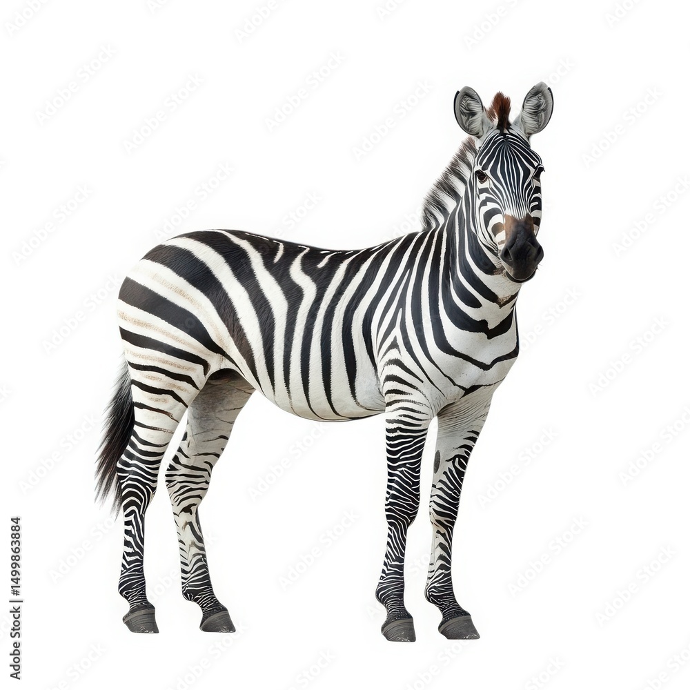 Fototapeta premium Striped zebra standing isolated on white background