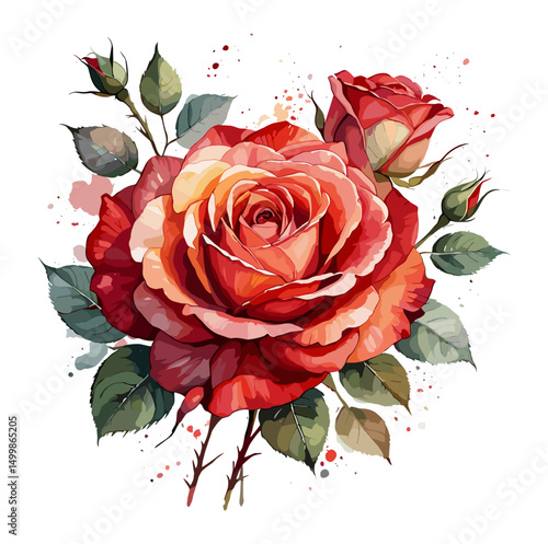 A red rose with green leaves and a white background. The rose is the main focus of the image, and the green leaves add a touch of contrast to the red. vector watercolor style illustration