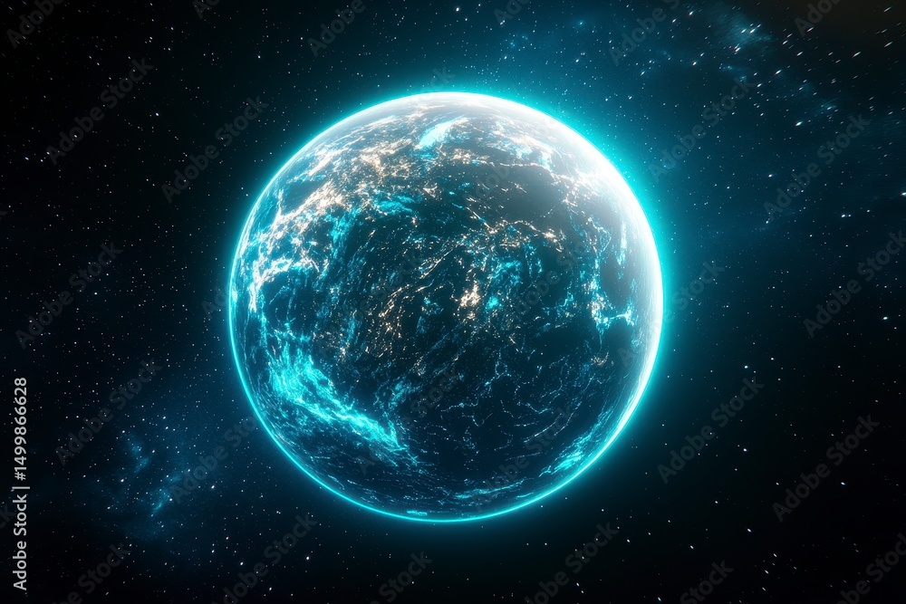 Fototapeta premium Glowing Digital Earth at Night in Space