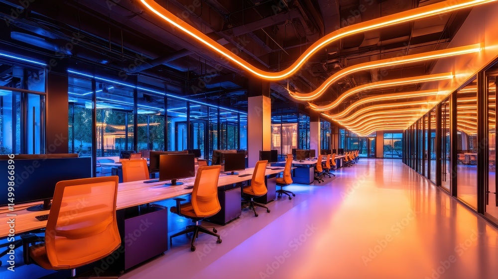 Fototapeta premium Modern office interior with vibrant lighting, empty workstations, and a serene atmosphere
