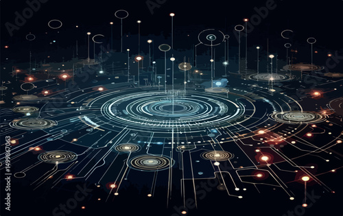 Abstract technology background featuring circular circuit patterns vector .