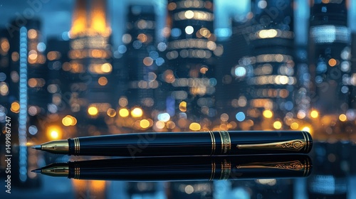 Fototapeta Naklejka Na Ścianę i Meble -  Elegant pen on reflective surface, city lights blur