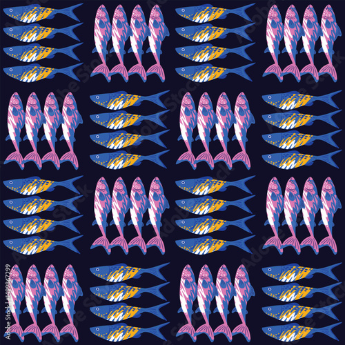 Trendy La dolce vita , whimsical style Italian . Sardines  fish  with Checkered Form Seamless pattern Illustration Vector  sketch NOT AI