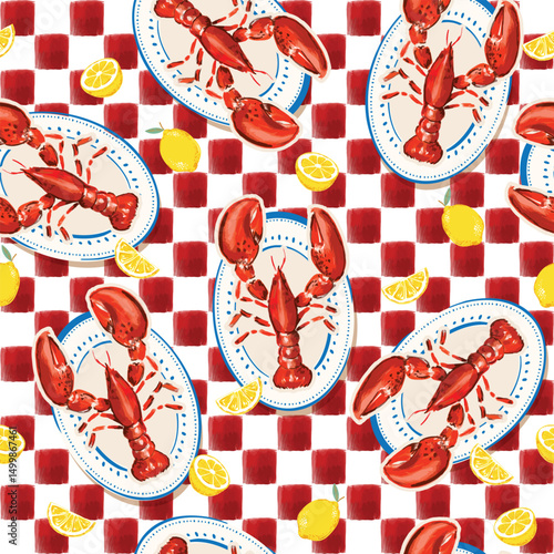 Trendy La dolce vita , whimsical style Italian French food Red Lobster  Seamless pattern Illustration Vector  sketch NOT AI