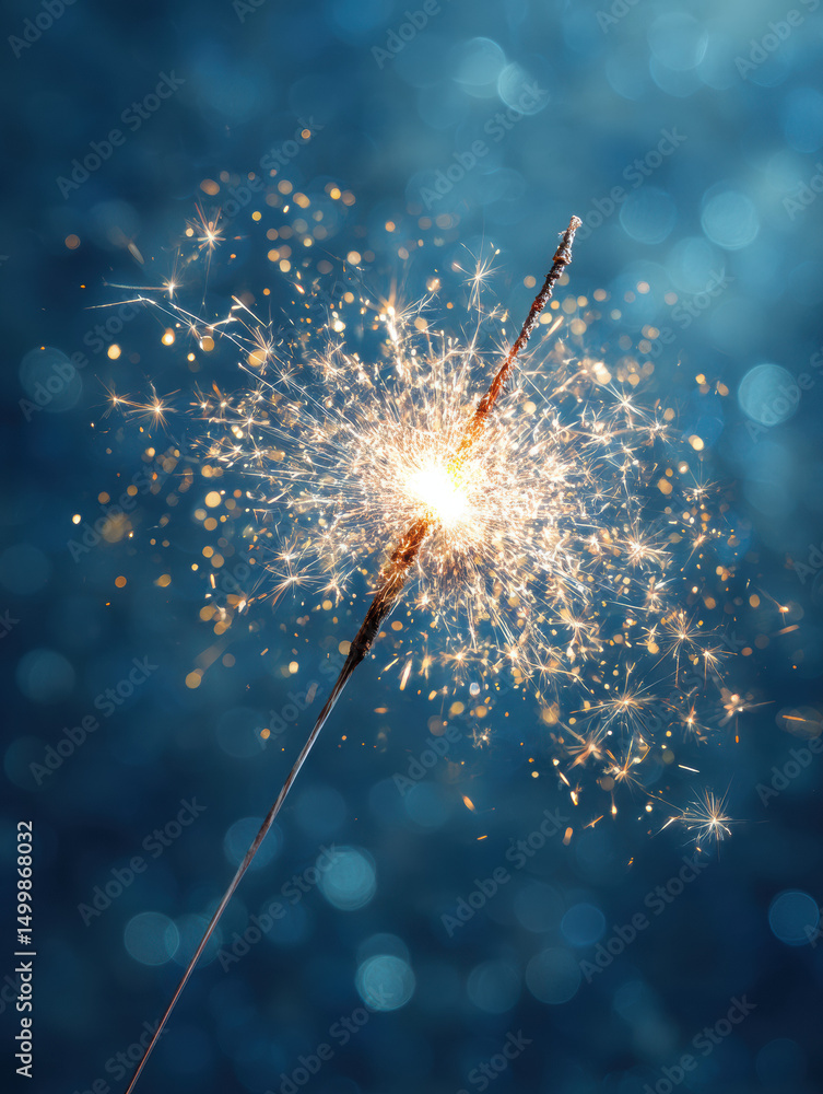 Fototapeta premium Brilliant sparkler with golden sparks exploding against dreamy blue bokeh background creating magical celebration atmosphere 