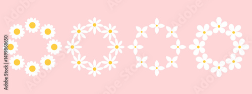 Set of round frames with white groovy daisy flowers on pink background. Retro geometric spring flowers. Clockwork simple set of flowers. For greeting card, poster, banner, social networks.