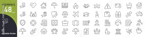 Insurance related icons set. Including policy, protection, claim, health, car, home, life, coverage, and agent. Editable stroke. outline icons.