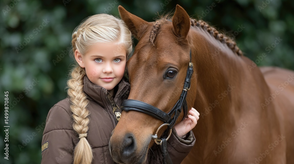 Obraz premium Happy girl enjoys summer day with chestnut Clydesdale horse in equestrian school setting on green meadow