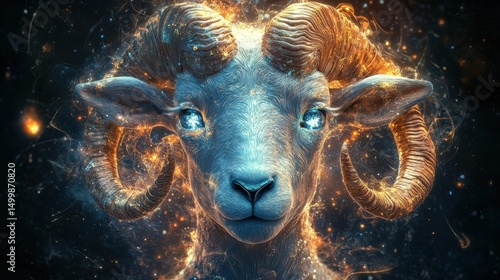 A stunning depiction of a ram's head surrounded by a vibrant cosmic aura, blending mysticism with vivid colors to evoke feelings of wonder and curiosity.