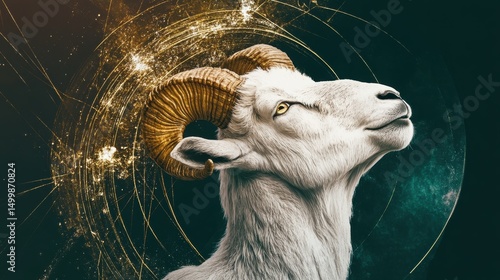 A majestic goat poses against a cosmic background, showcasing its impressive horns and serene expression, highlighting the beauty and strength of nature intertwined with the cosmos.