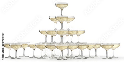 Champagne Tower Celebration Sparkling Flutes on White, Party, Events