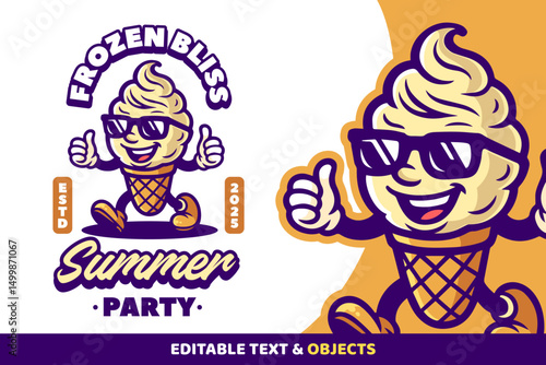 Ice Cream Retro Mascot Logo for Summer Party or Ice Cream Shop. Cartoon Character Vector Illustration in Vintage Style