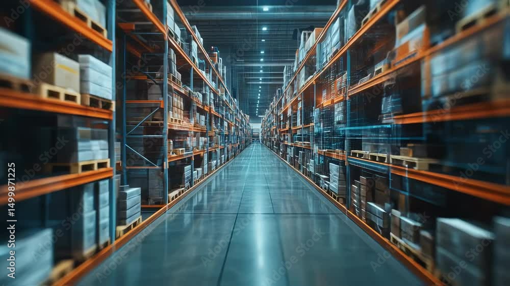 Warehouse shelves perspective view displaying logistical efficiency and storage capacity Warehouse shelves perspective view displaying logistical efficiency and storage capacity