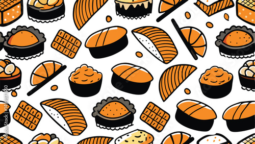 Japanese food pattern, sushi sashimi ramen seamless pattern, vector 