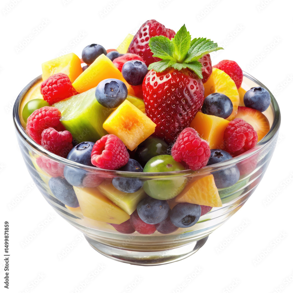 Colorful Fresh Fruit Salad in Glass Bowl isolated on transparent white background, clipping path Colorful Fresh Fruit Salad in Glass Bowl isolated on transparent white background, clipping path