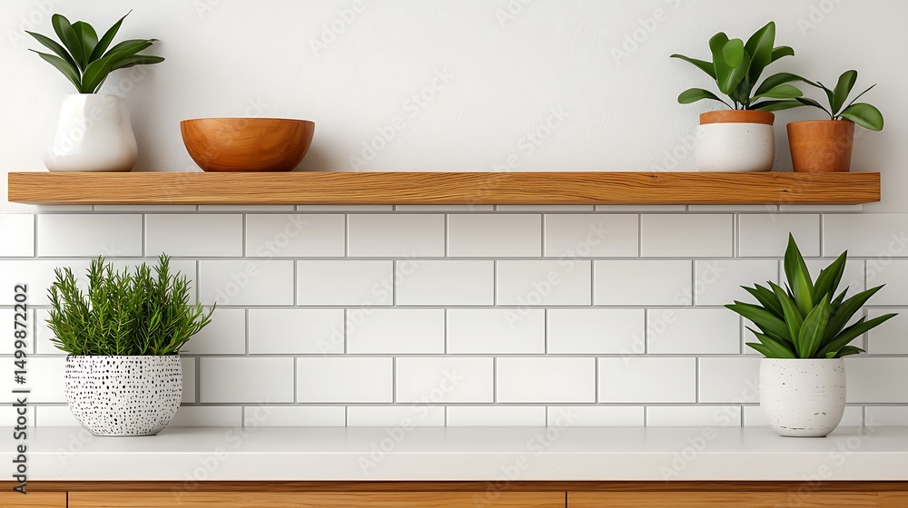 Minimalist Kitchen Decor Featuring Potted Plants, Wooden Shelf, White Tiles, and Countertop with Natural Elements for Interior Design Inspiration. Minimalist Kitchen Decor Featuring Potted Plants, Wooden Shelf, White Tiles, and Countertop with Natural Elements for Interior Design Inspiration.