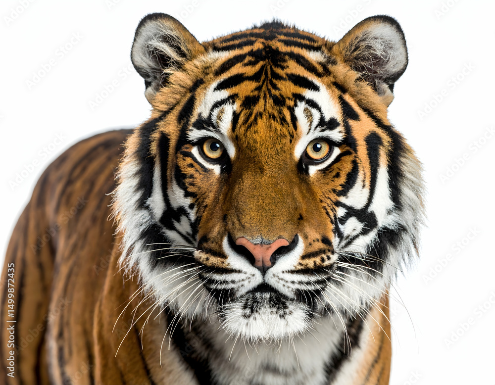 Fototapeta premium Tiger's Gaze: A majestic tiger gazes directly at the viewer, its intense eyes full of both power and vulnerability, rendered in sharp detail.