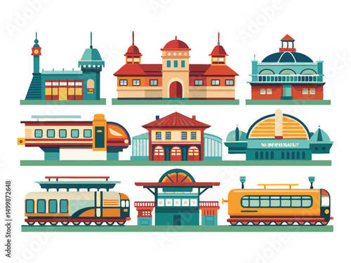 Collection of retro train stations and trains illustration

