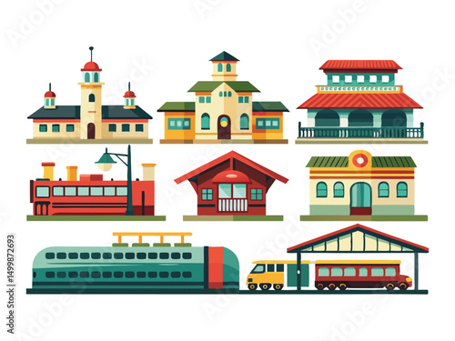 Colorful train station buildings and transportation set
