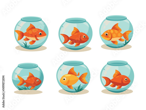 Six goldfish in glass bowls cartoon illustration

