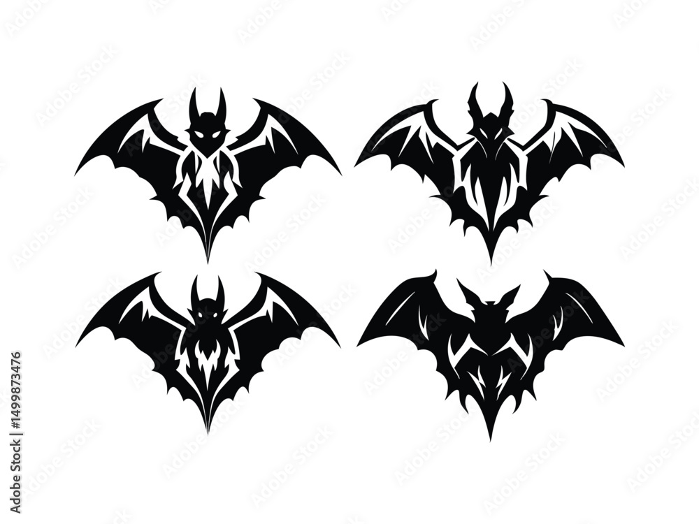 Fototapeta premium Four stylized black bat illustrations on white background 