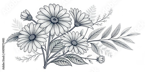 Daisy Floral Line Art Illus...