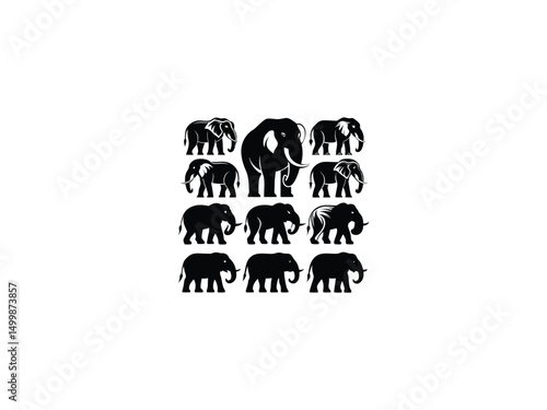Collection of nine black silhouette elephants in various poses
