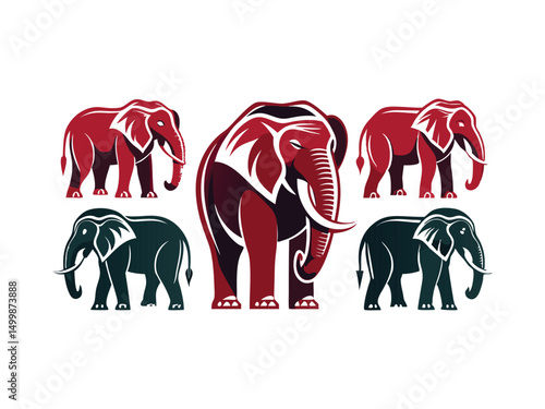 Stylized elephant illustrations set red and black
