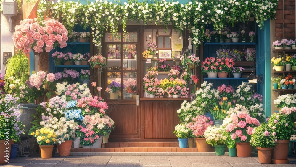 Fototapeta premium Charming floral shop facade, vibrant blooms