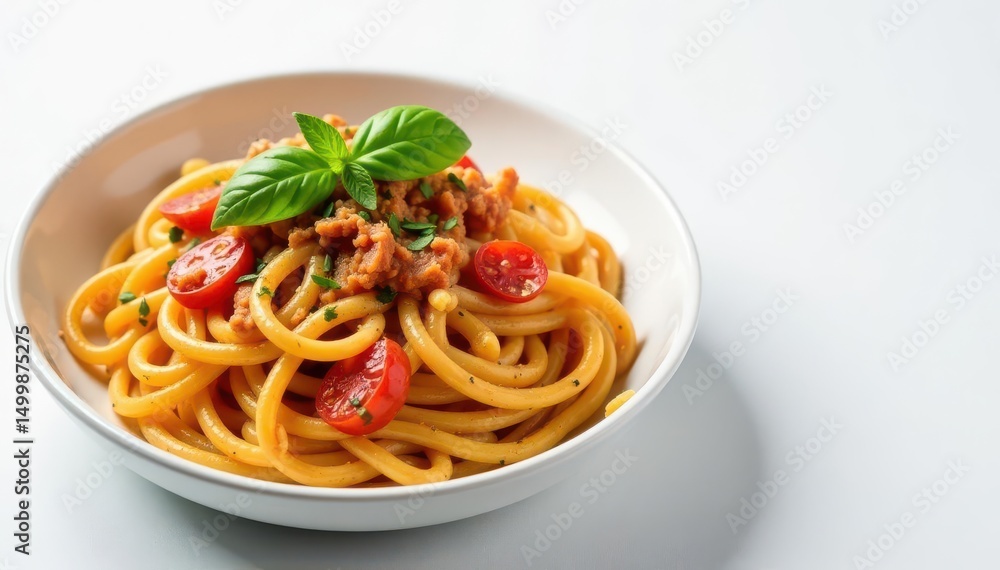 Close-up of rustic Italian pasta dish on white , traditional, dish Close-up of rustic Italian pasta dish on white , traditional, dish