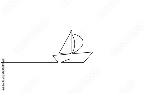 Vector continuous one simple single abstract line drawing of Sailboat travel, Simple illustration of a sailboat in the sea drawn with a continuous black line on a white background, minimalist design.