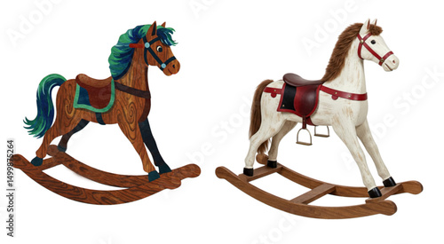 Two vintage rocking horses wooden toys antique children's playthings classic nursery decoration old-fashioned equestrian art collectible rocking horse design