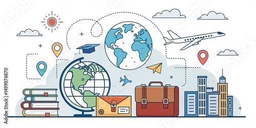 Global Education and Travel World Map, Plane and Books. Study Abroad, Travel Icon