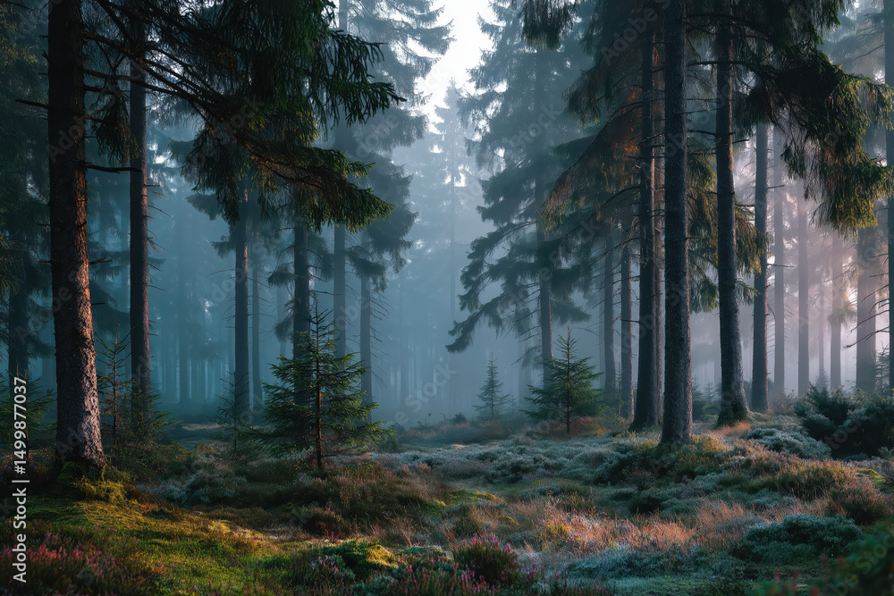 Fototapeta premium Misty Pine Forest Morning with Dewy Moss and Sunlight Filtering Through